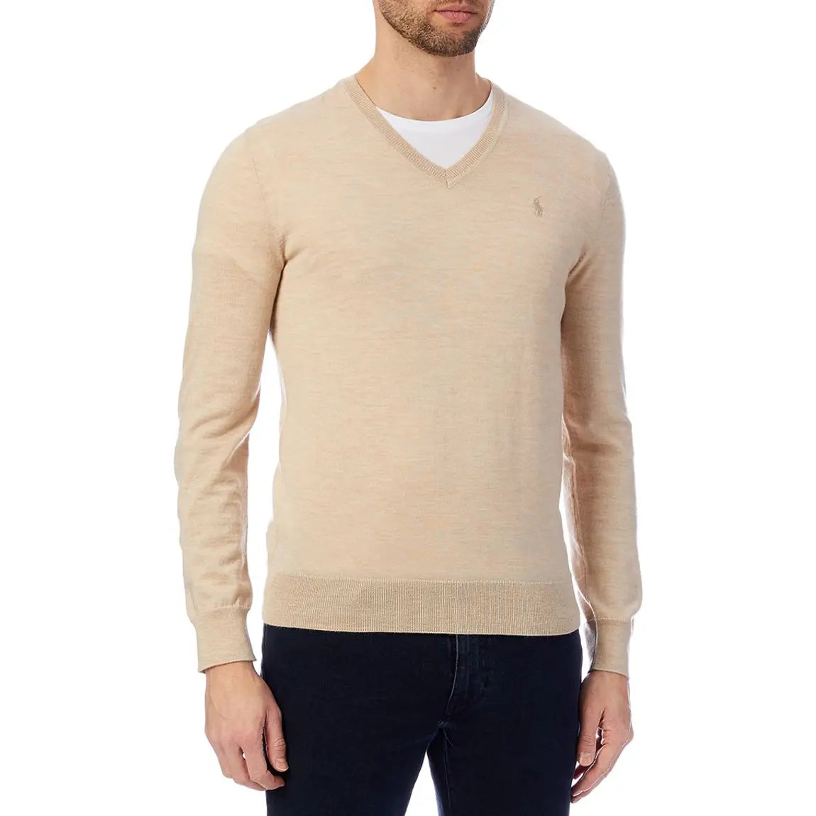POLO RALPH LAUREN SLIM FIT MERINO WOOL V-NECK JUMPER BEIGE 2XL RRP £129 BNWT