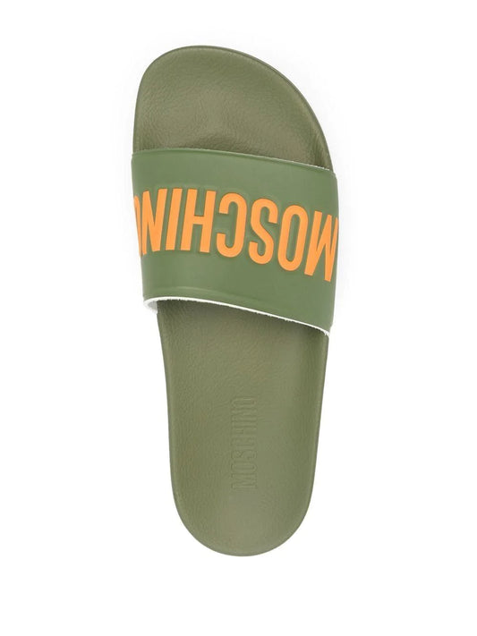 MOSCHINO MILITARY GREEN PVC STRAP SLIDES POOL BEACH UK 9 RRP £110 BRAND NEW