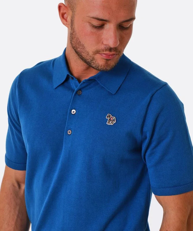 PAUL SMITH PS ZEBRA LOGO KNITTED SHORT SLEEVE POLO JUMPER BLUE 2XL RRP £135 BNWT
