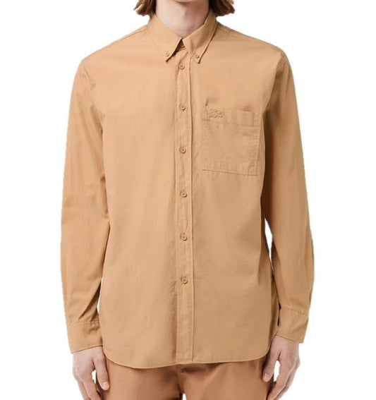 LACOSTE CROC LOGO LONG SLEEVE COTTON SHIRT SAND BROWN XL RRP £125 BNWT