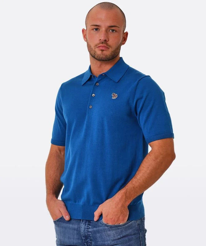 PAUL SMITH PS ZEBRA LOGO KNITTED SHORT SLEEVE POLO JUMPER BLUE 2XL RRP £135 BNWT