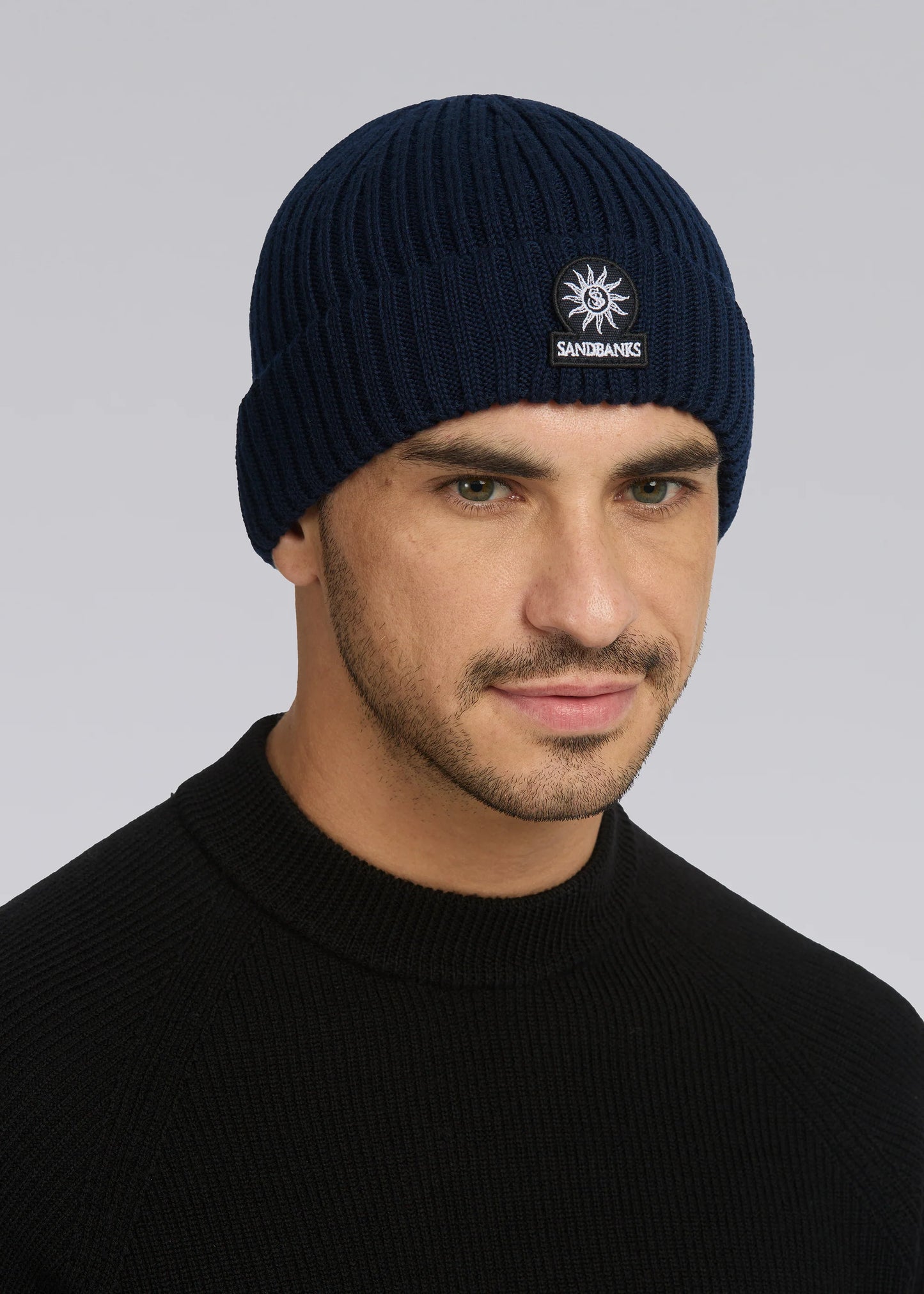 SANDBANKS BADGE LOGO MERINO WOOL RIBBED BEANIE HAT NAVY BLUE RRP £90 BNWT
