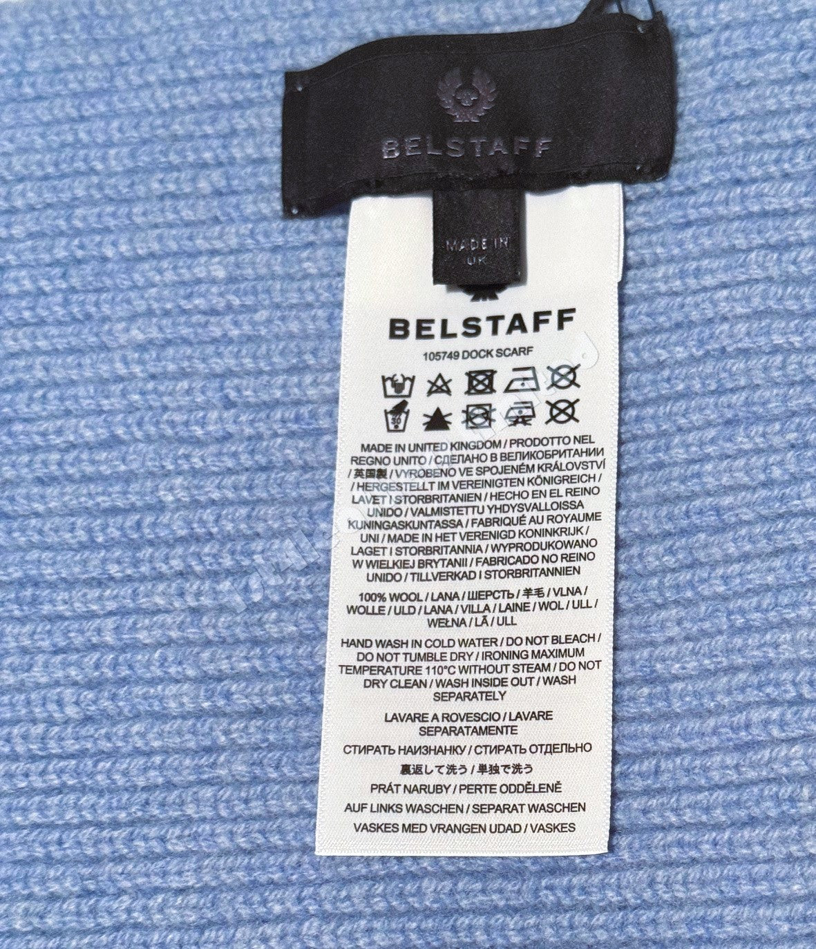 BELSTAFF PHOENIX LOGO WOOL DOCK SCARF SKY BLUE MADE IN UK RRP £100 BNWT