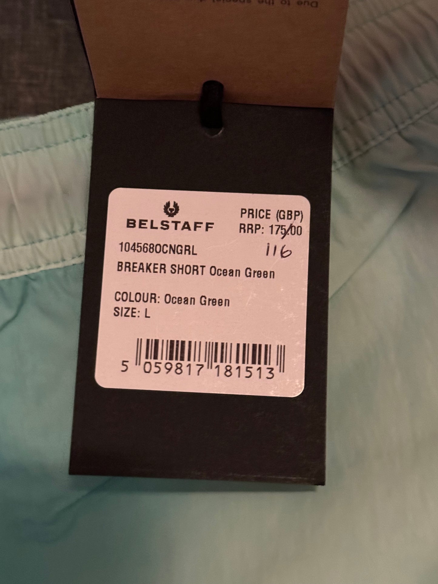 BELSTAFF BREAKER SHORTS IN OCEAN GREEN WAVE DYE MEDIUM RRP £175 BNWT