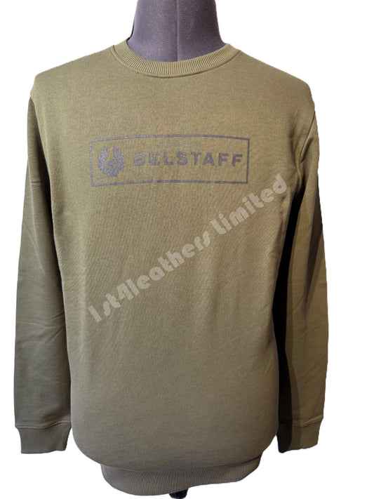 BELSTAFF BOX LOGO CREW NECK SWEATSHIRT TRUE OLIVE RRP £140 BNWT