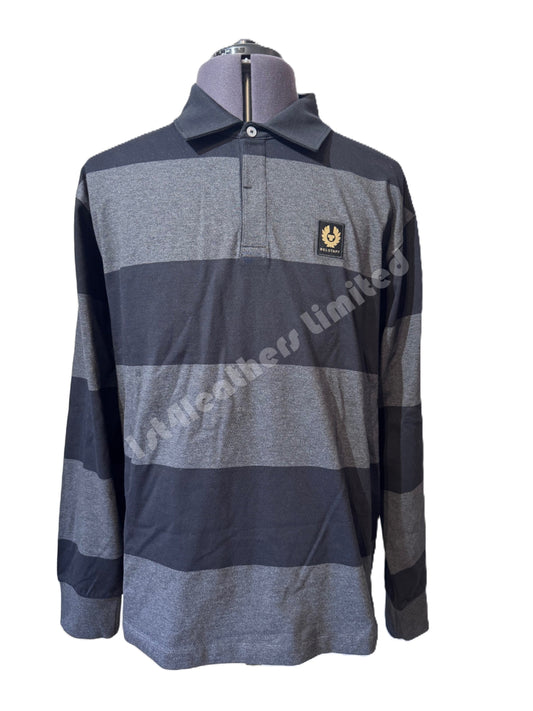 BELSTAFF DRUM PIQUE COTTON LONG SLEEVE POLO SHIRT BLACK/CHARCOAL L RRP £175 BNWT