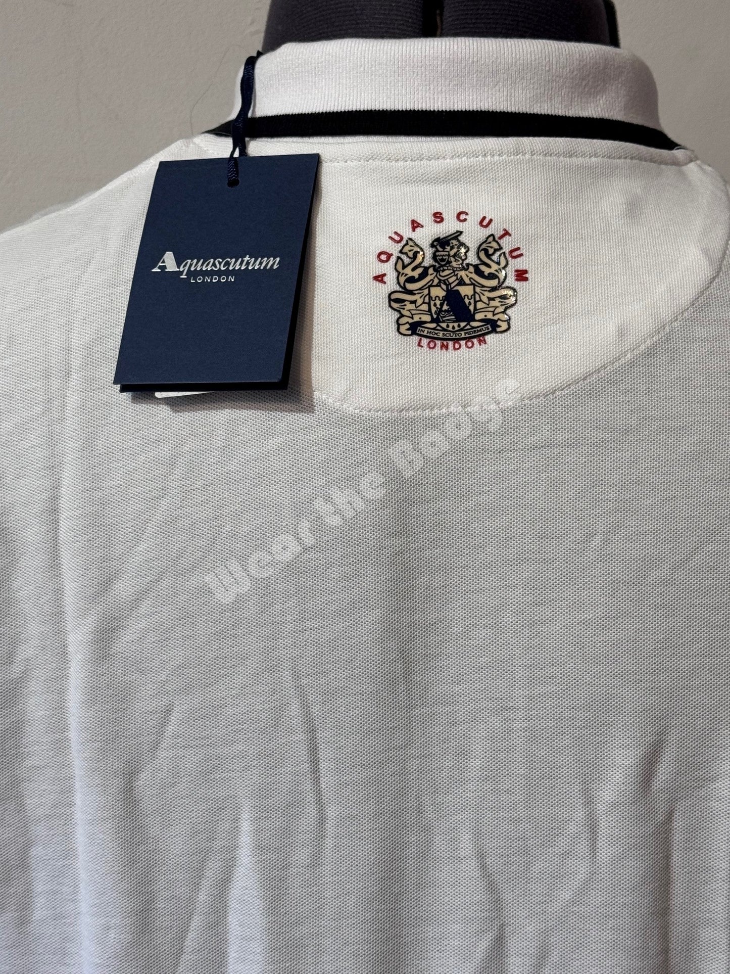 AQUASCUTUM PIQUE COTTON BADGE LOGO POLO SHIRT WHITE 2XL RRP £110 BNWT