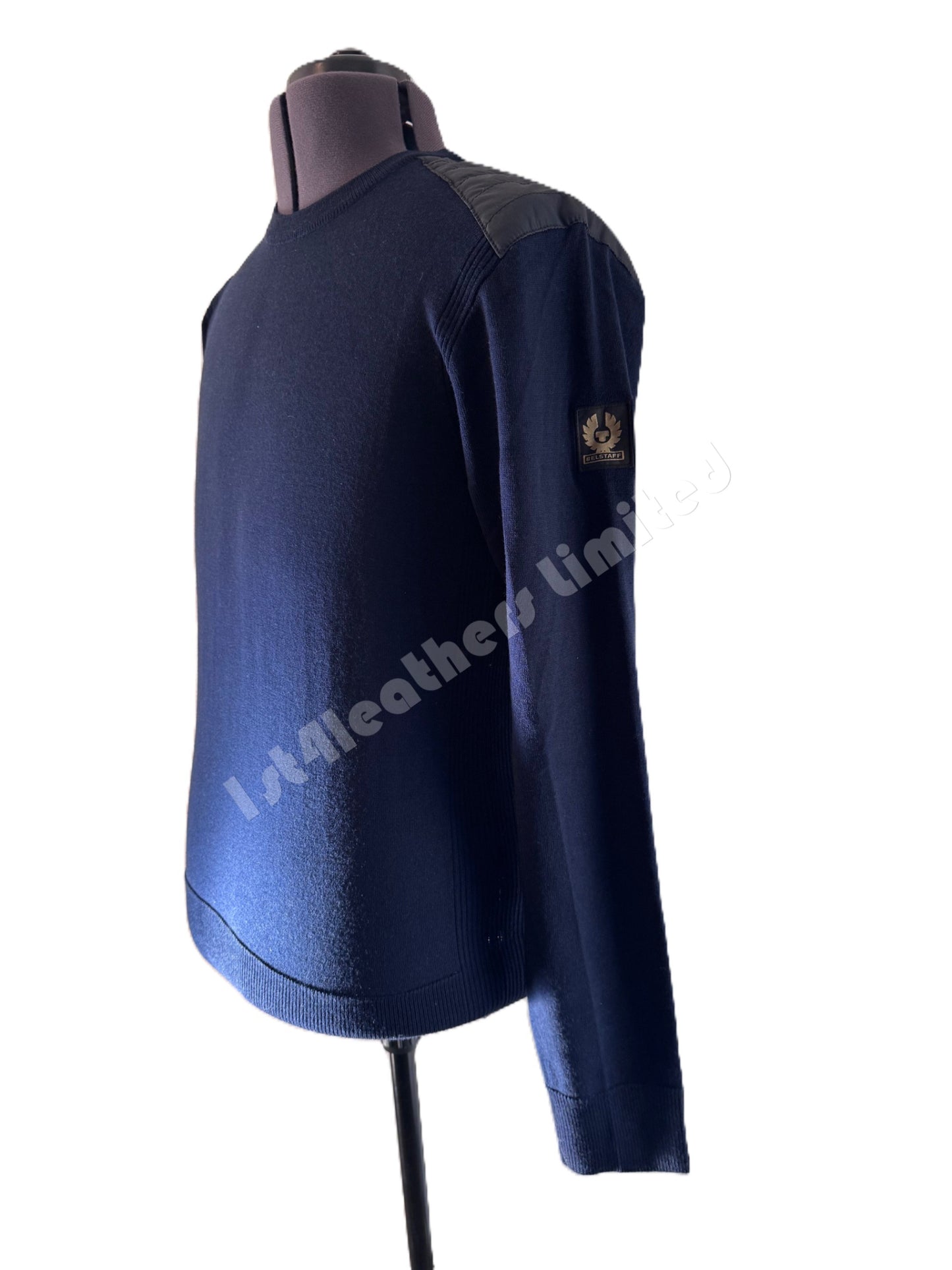 BELSTAFF KERRIGAN CREW NECK MERINO WOOL JUMPER WASHED NAVY RRP £175 BNWT