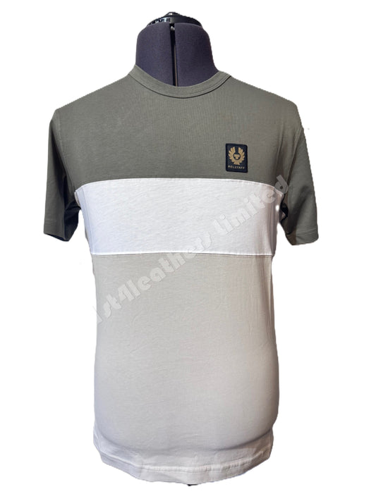 BELSTAFF COLOUR BLOCK COTTON T-SHIRT IN SURPLUS GREEN WHITE & PUMICE M RRP £99 BNWT