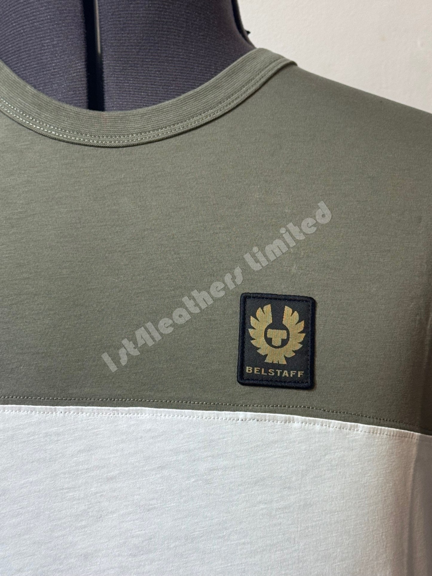 BELSTAFF COLOUR BLOCK COTTON T-SHIRT IN SURPLUS GREEN WHITE & PUMICE M RRP £99 BNWT