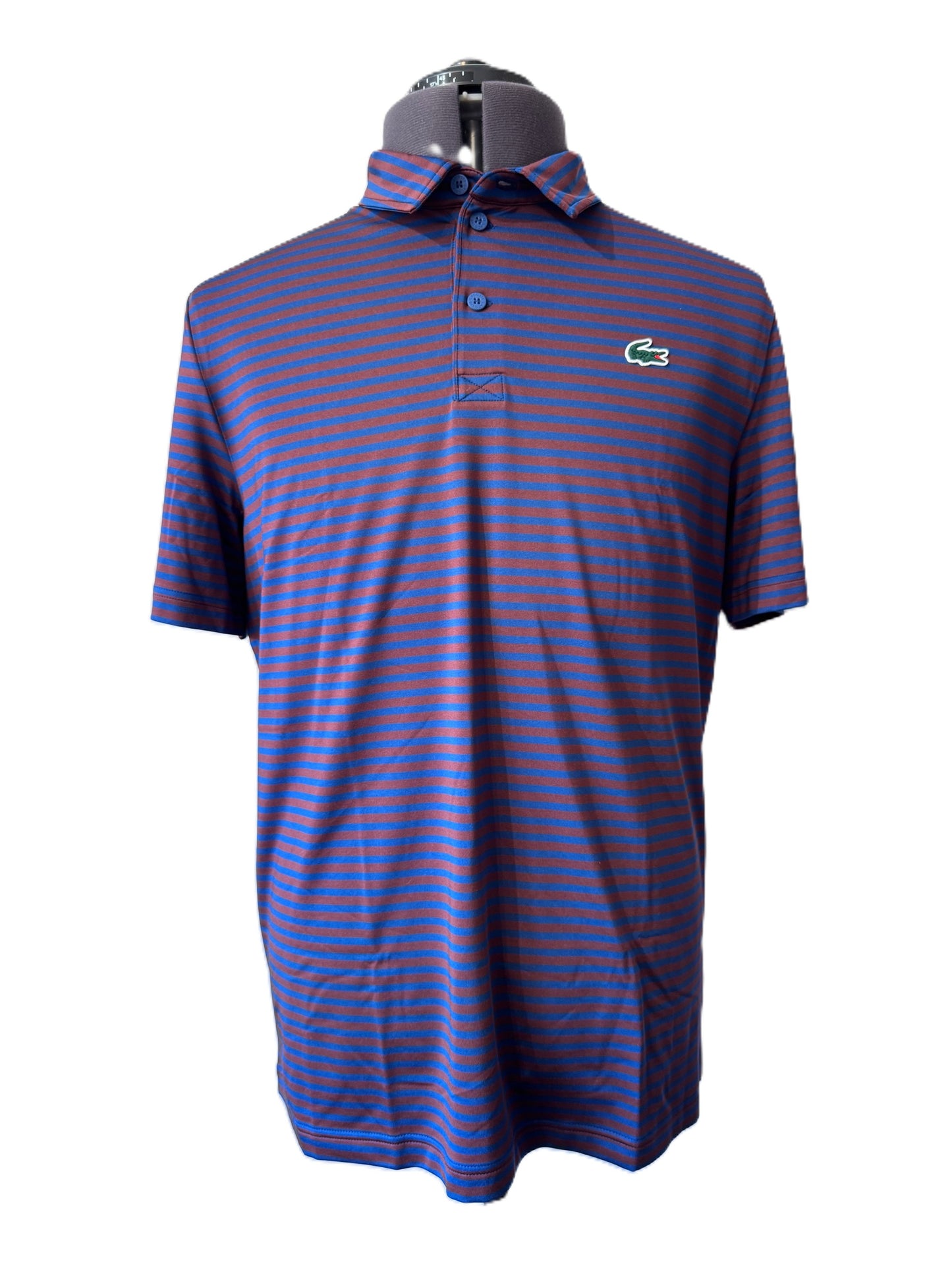 LACOSTE SPORT STRETCHY POLYESTER POLO SHIRT BLUE/RED STRIPES RRP £105 BNWT