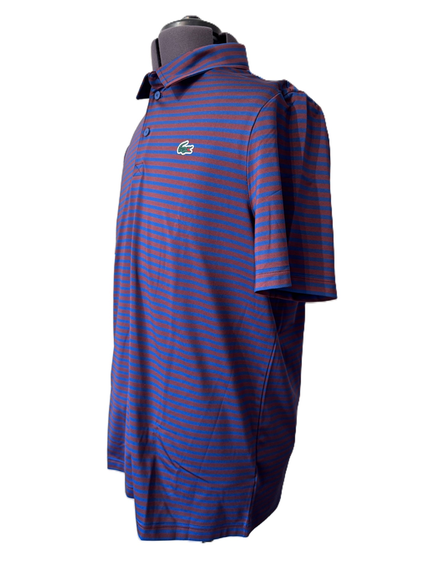 LACOSTE SPORT STRETCHY POLYESTER POLO SHIRT BLUE/RED STRIPES RRP £105 BNWT