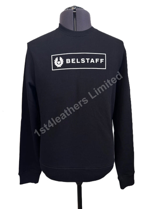 BELSTAFF BOX LOGO CREW NECK SWEATSHIRT BLACK RRP £140 BNWT