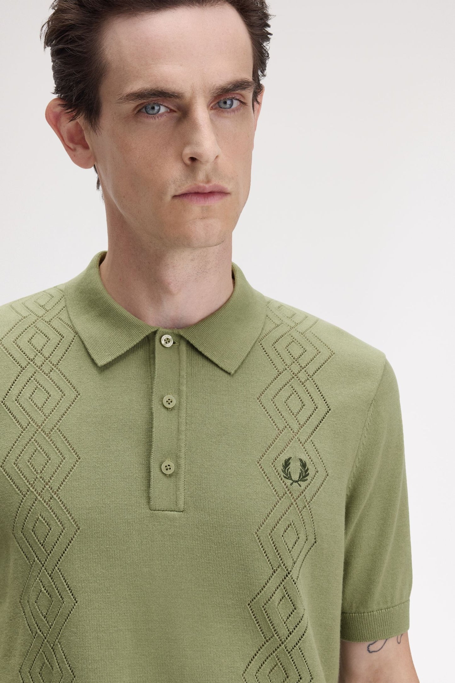 FRED PERRY POINTELLE KNITTED POLO SHIRT OLIVE MINT GREEN XL RRP £120 BNWT