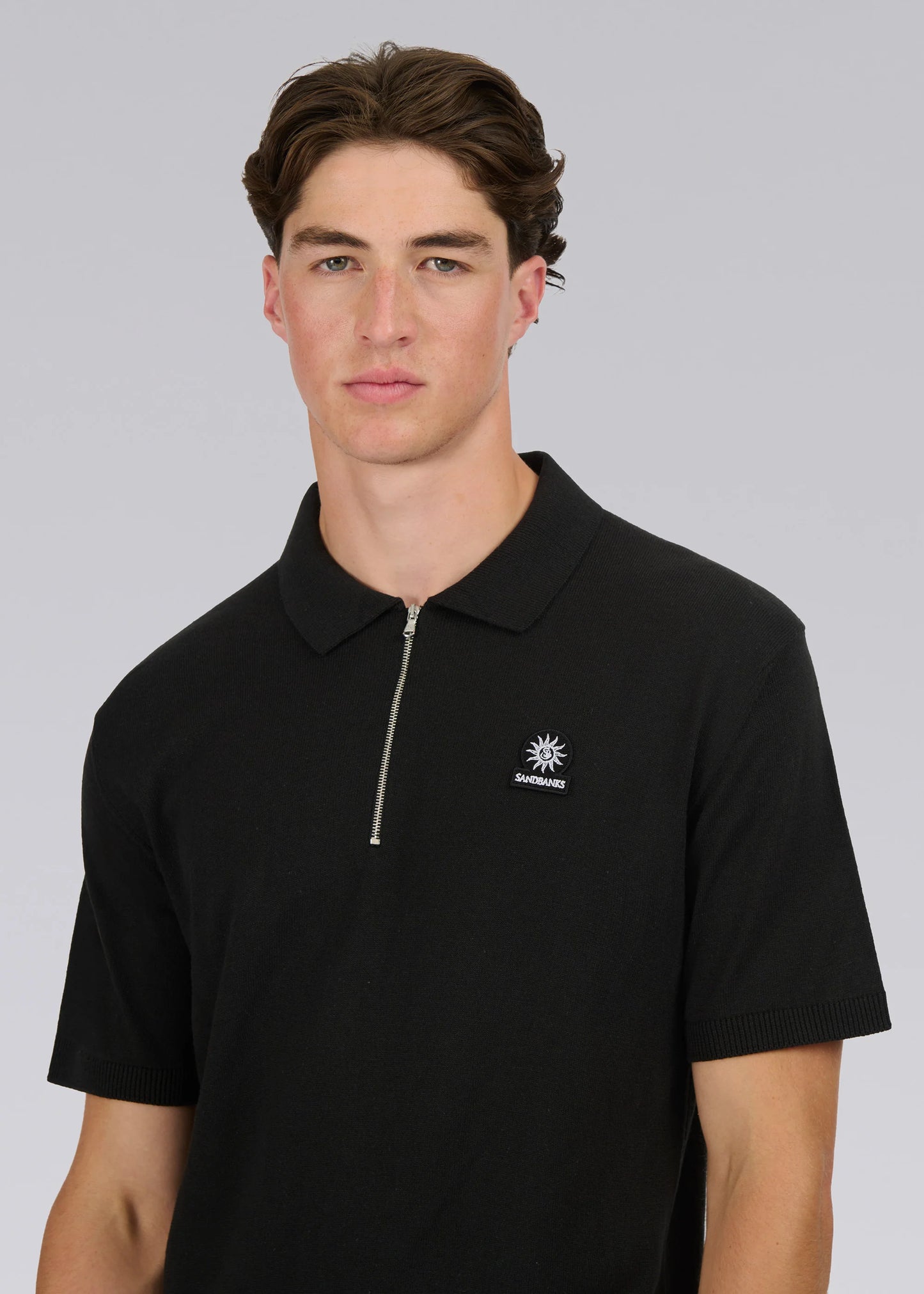 SANDBANKS ZIP UP KNITTED COTTON BLEND POLO SHIRT BLACK RRP £140 BNWT