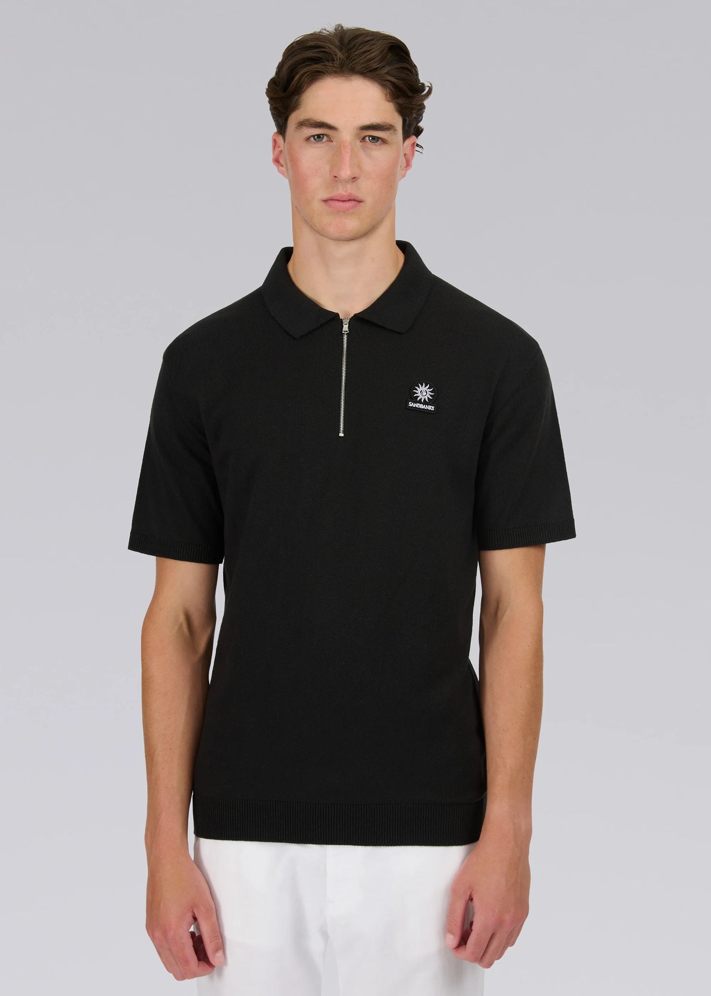 SANDBANKS ZIP UP KNITTED COTTON BLEND POLO SHIRT BLACK RRP £140 BNWT