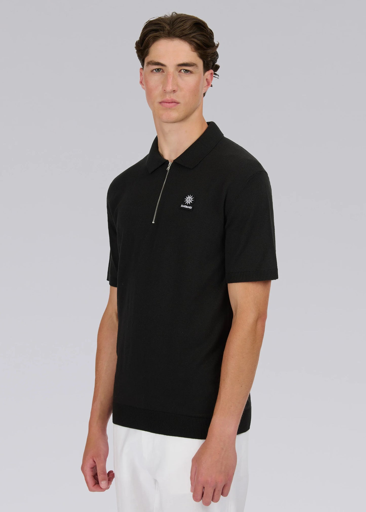 SANDBANKS ZIP UP KNITTED COTTON POLO SHIRT BLACK RRP £140 BNWT