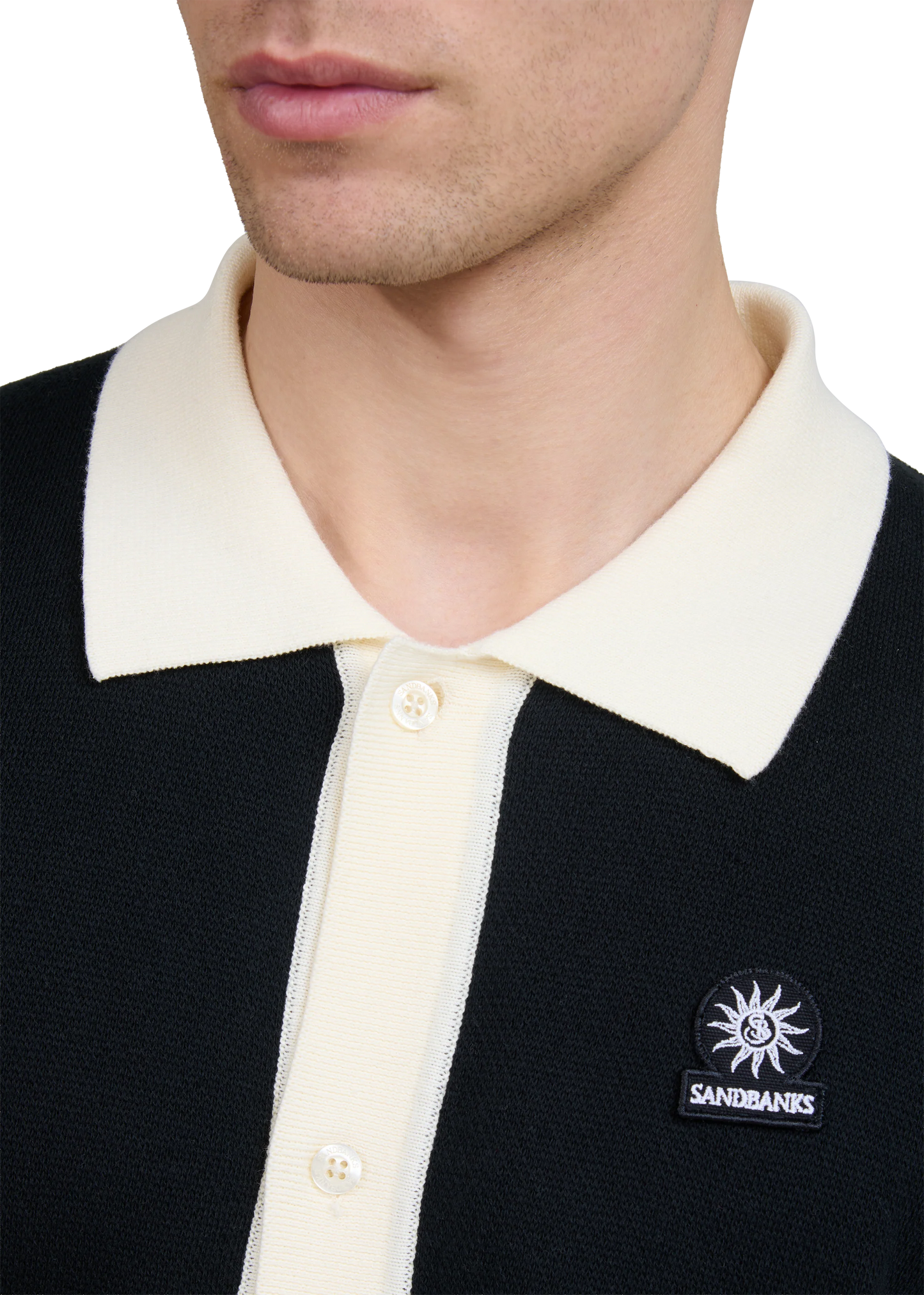 SANDBANKS FULL BUTTON KNITTED COTTON POLO SHIRT BLACK/ECRU MEDIUM RRP £165 BNWT