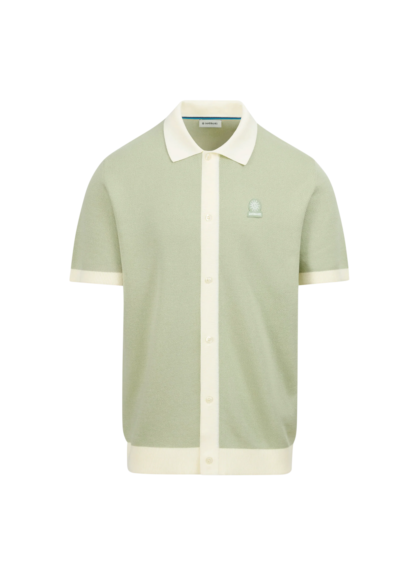 SANDBANKS FULL BUTTON KNITTED COTTON POLO SHIRT SAGE GREEN/WHITE RRP £165 BNWT