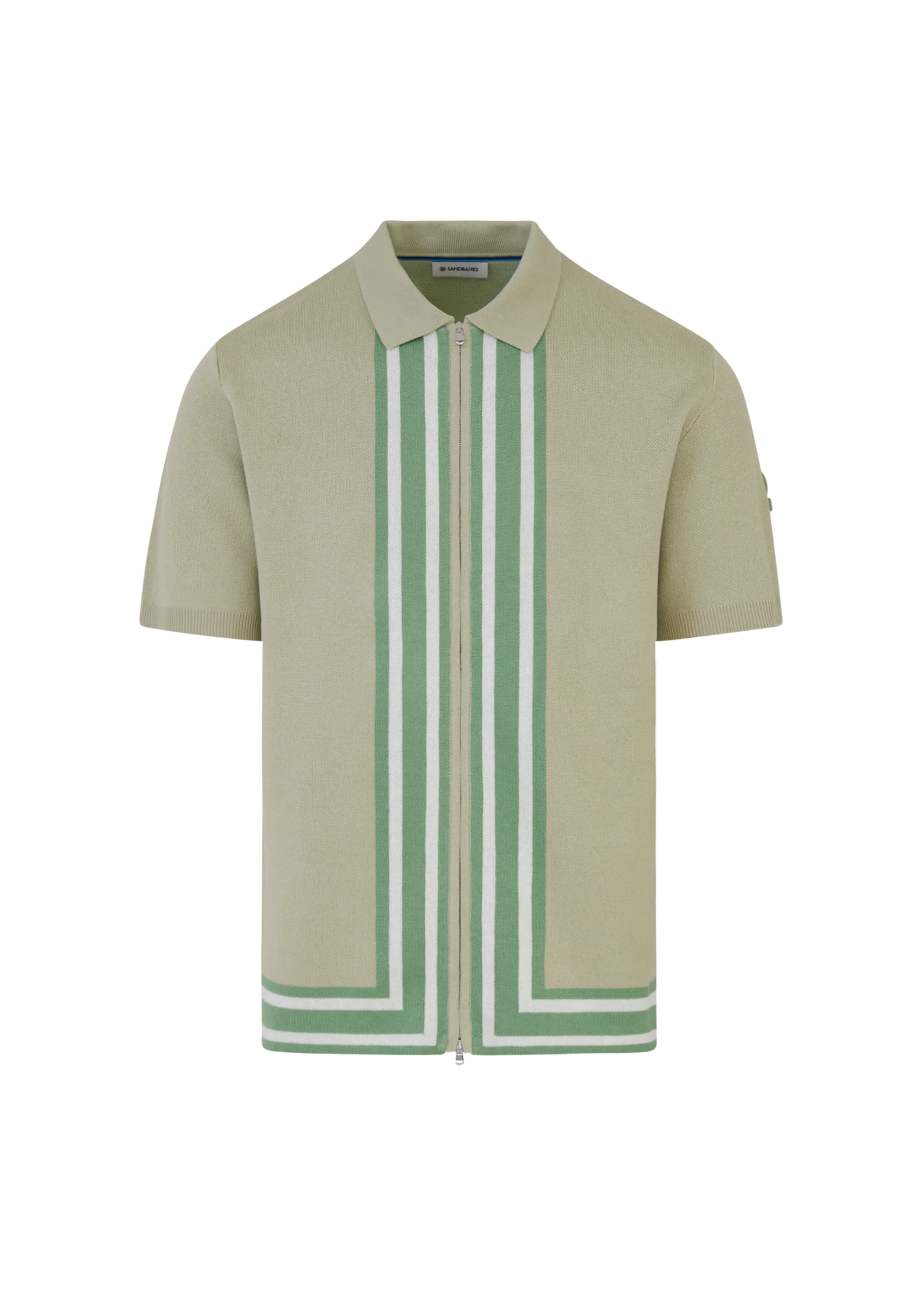 SANDBANKS STRIPE ZIP KNITTED COTTON POLO SHIRT SAGE GREEN RRP £175 BNWT