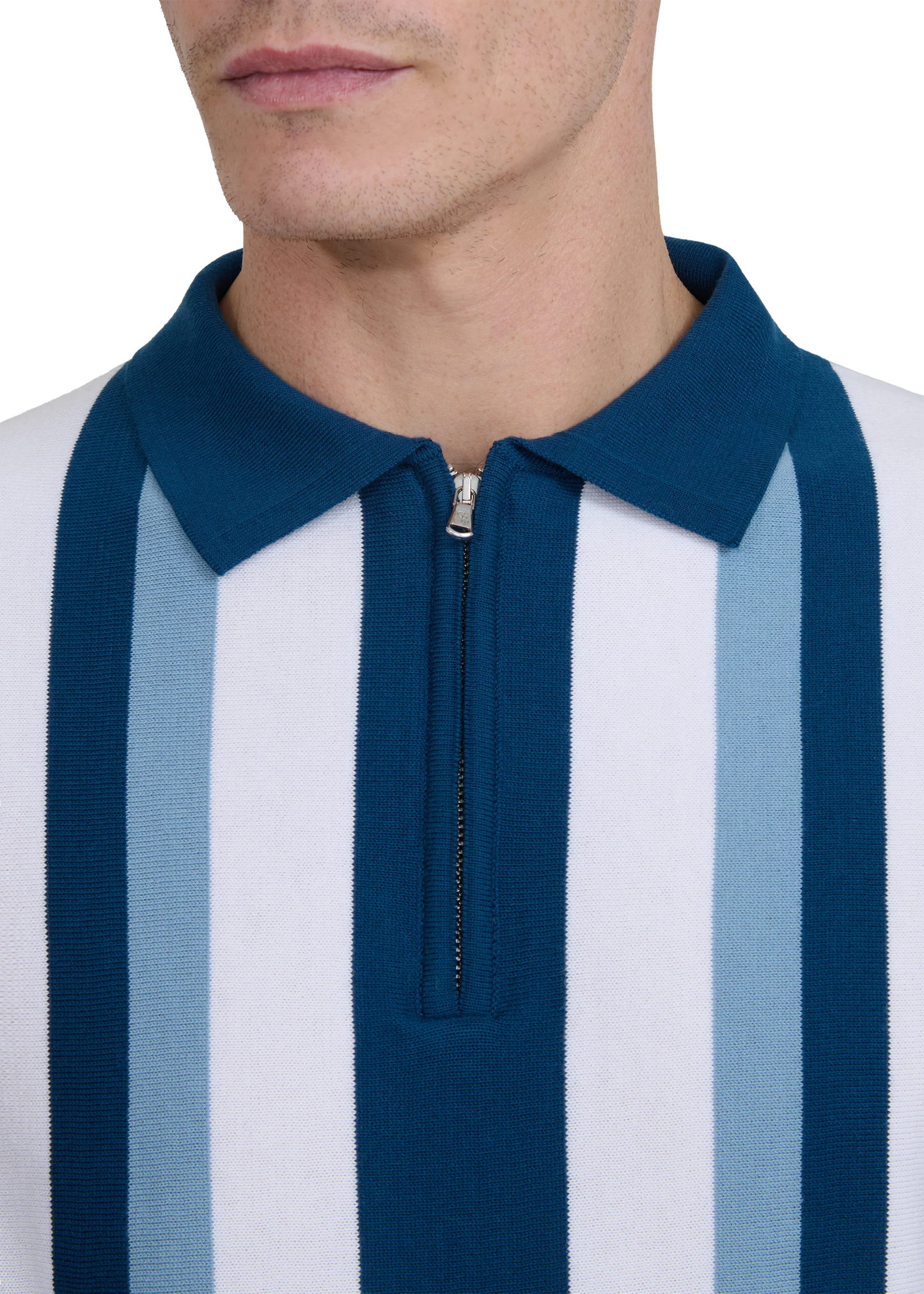 SANDBANKS VERICAL STRIPE ZIP UP KNITTED COTTON POLO SHIRT NAVY RRP £160 BNWT