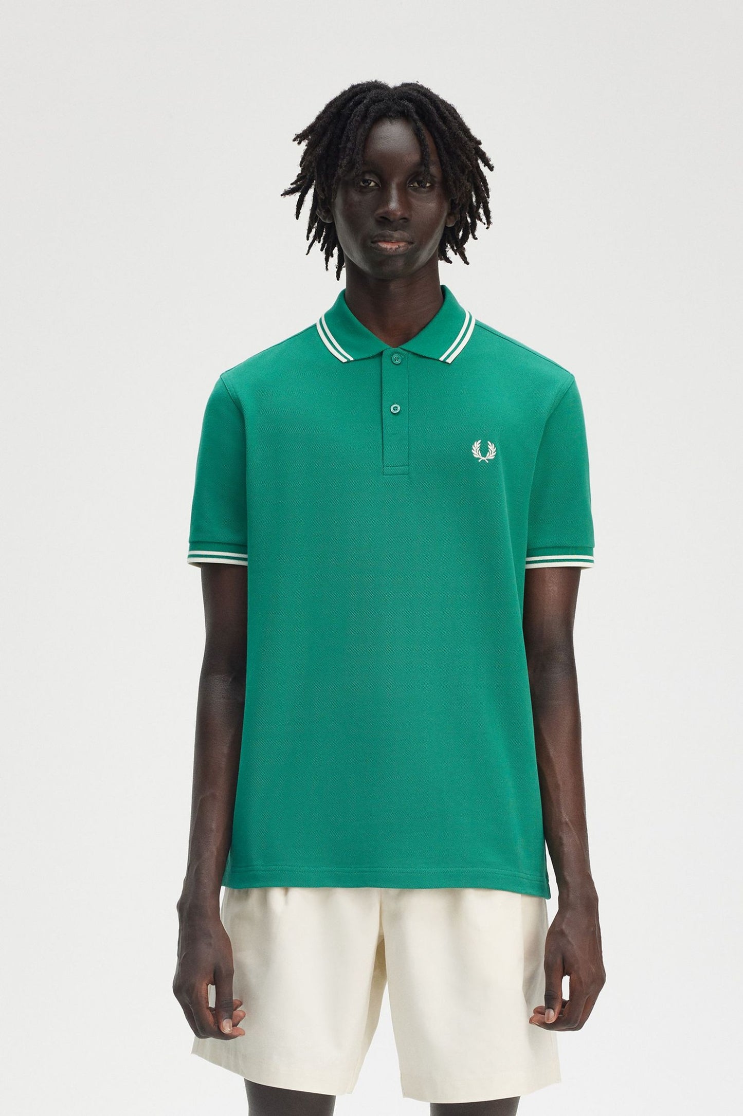 FRED PERRY TWIN TIPPED PIQUE COTTON POLO SHIRT GREEN ECRU LARGE RRP £80 BNWT