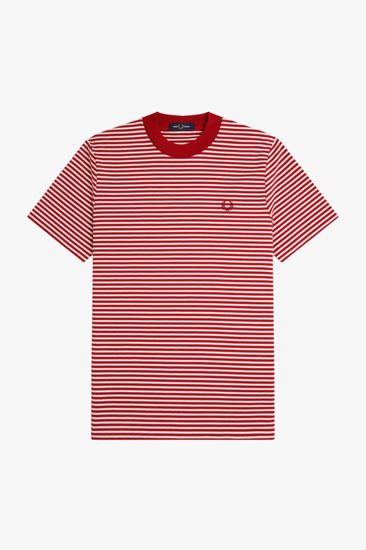 FRED PERRY LAUREL WREATH LOGO FINE STRIPE COTTON T-SHIRT RED 2XL RRP £60 BNWT