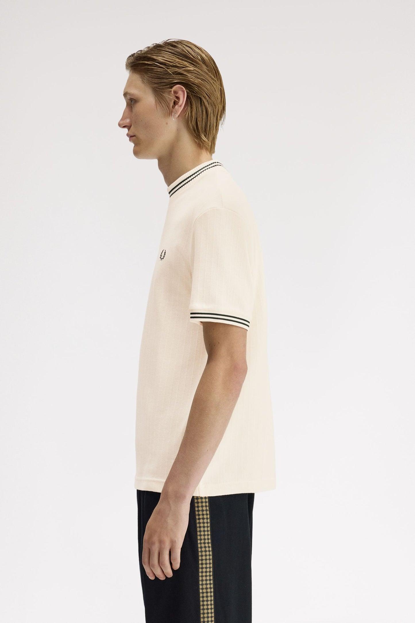 FRED PERRY RIBBED JERSEY COTTON T-SHIRT ECRU/BLACK XL RRP £75 BNWT