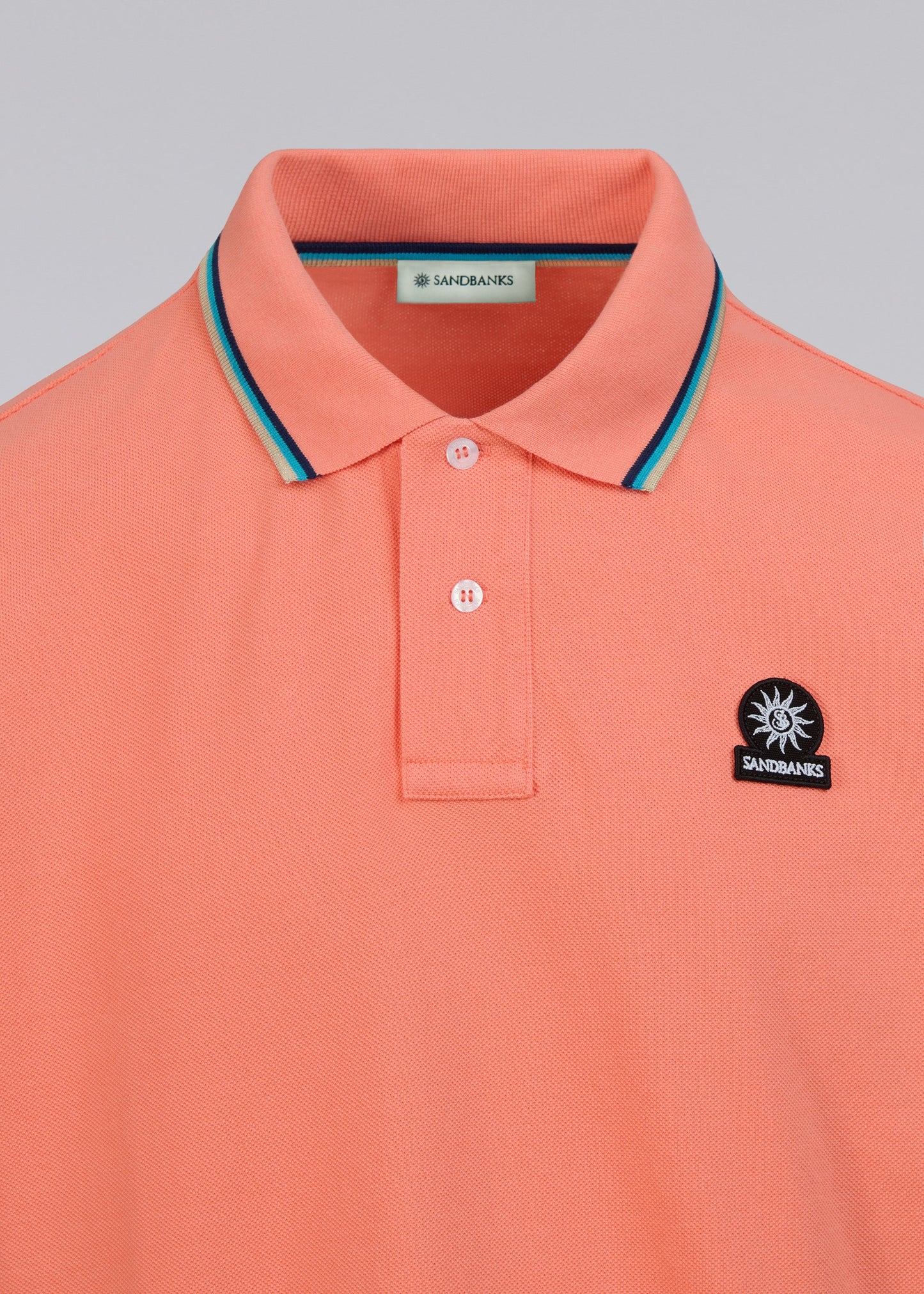 SANDBANKS BADGE LOGO TIPPED POLO SHIRT CORAL ORANGE RRP £115 BNWT