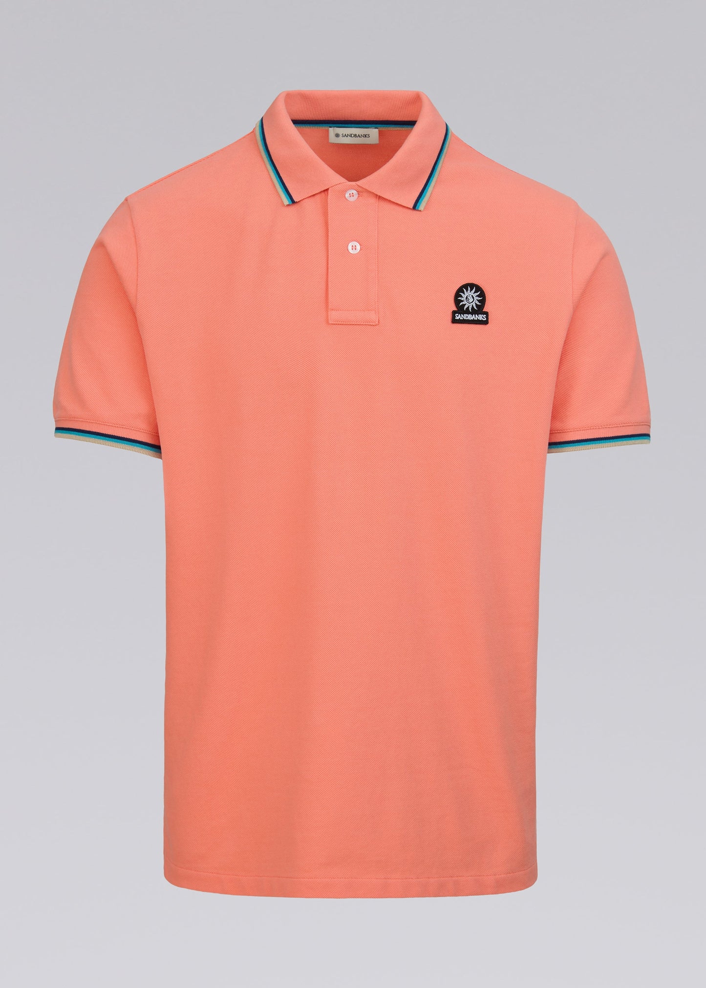 SANDBANKS BADGE LOGO TIPPED POLO SHIRT CORAL ORANGE RRP £115 BNWT