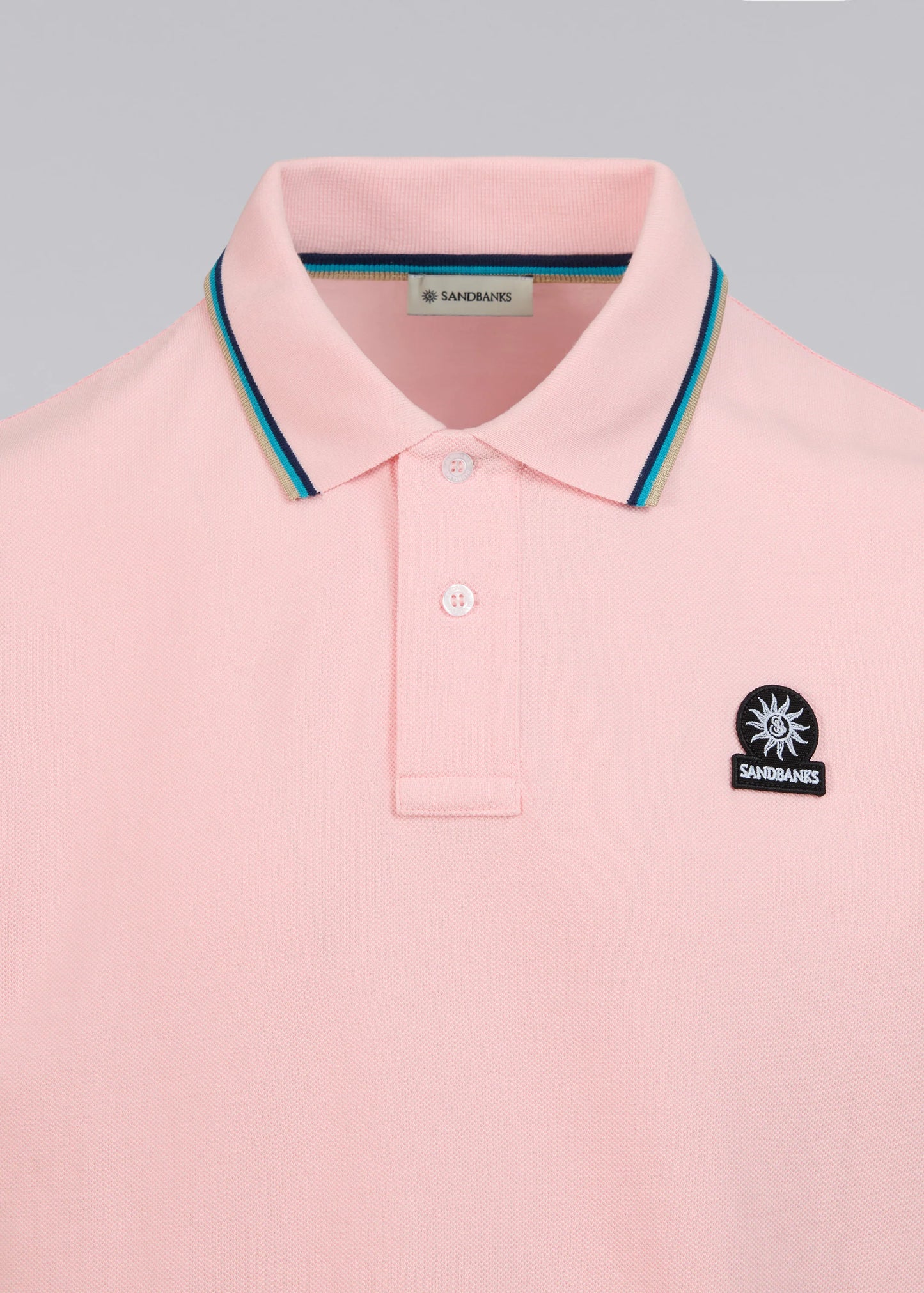SANDBANKS BADGE LOGO TIPPED POLO SHIRT CRYSTAL ROSE PINK RRP £115 BNWT