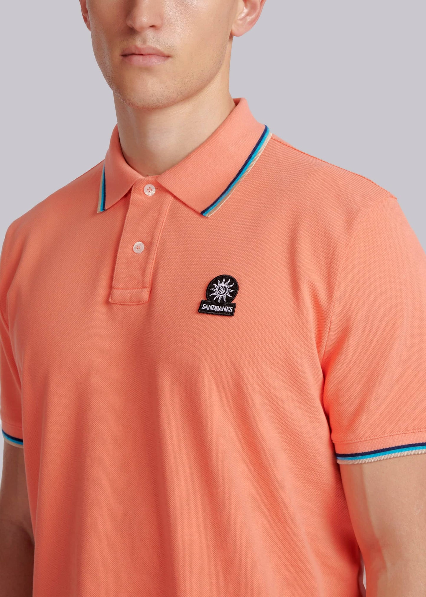 SANDBANKS BADGE LOGO TIPPED POLO SHIRT CORAL ORANGE RRP £115 BNWT
