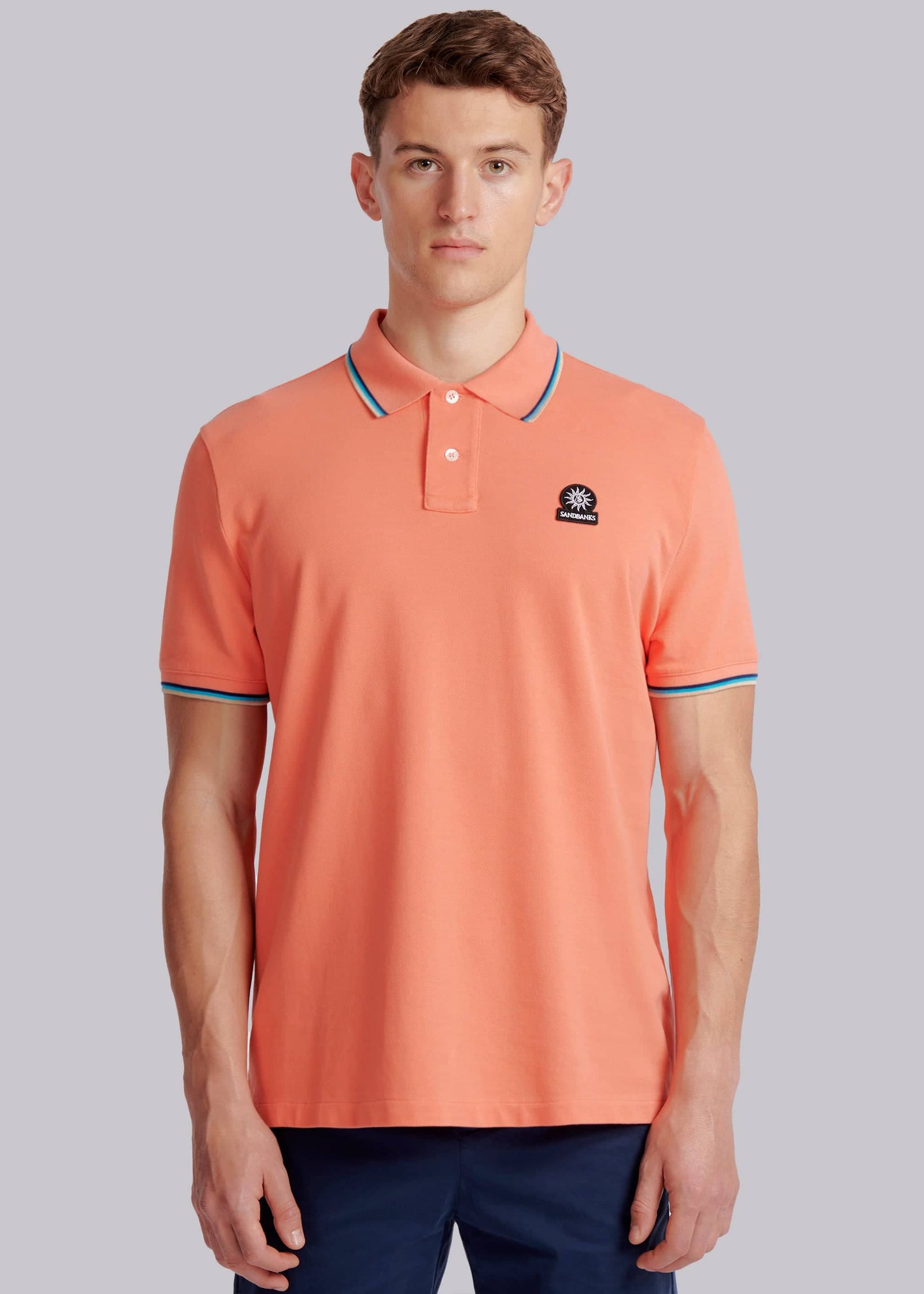 SANDBANKS BADGE LOGO TIPPED POLO SHIRT CORAL ORANGE RRP £115 BNWT
