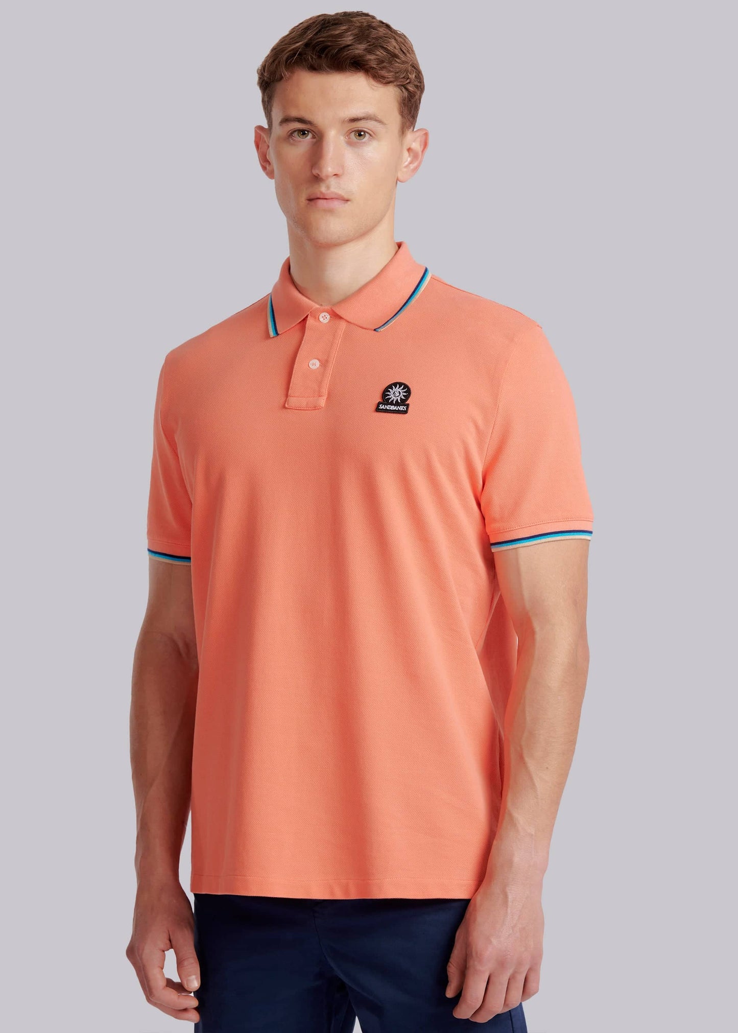 SANDBANKS BADGE LOGO TIPPED POLO SHIRT CORAL ORANGE RRP £115 BNWT