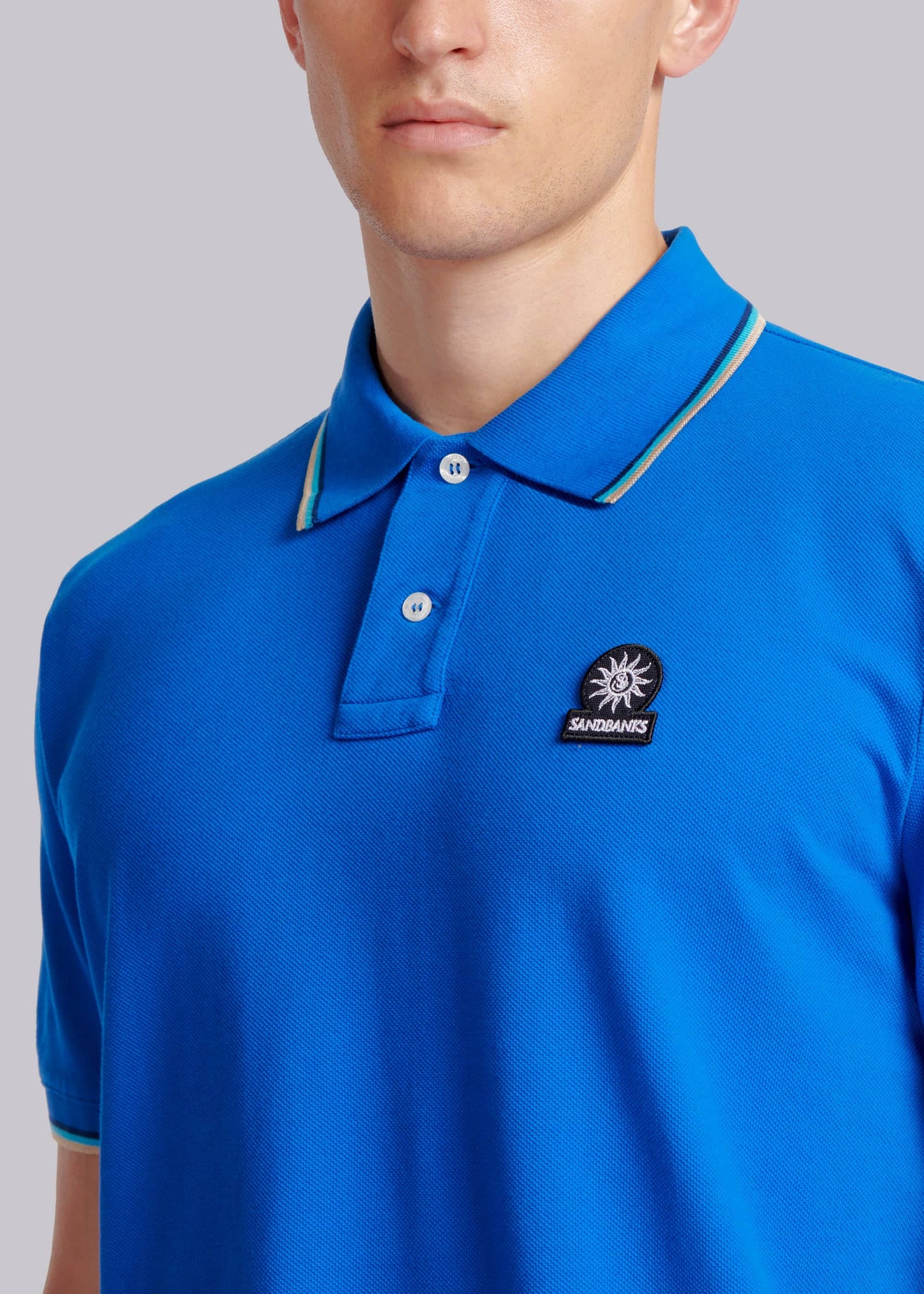 SANDBANKS BADGE LOGO TIPPED POLO SHIRT NAUTICAL BLUE RRP £115 BNWT