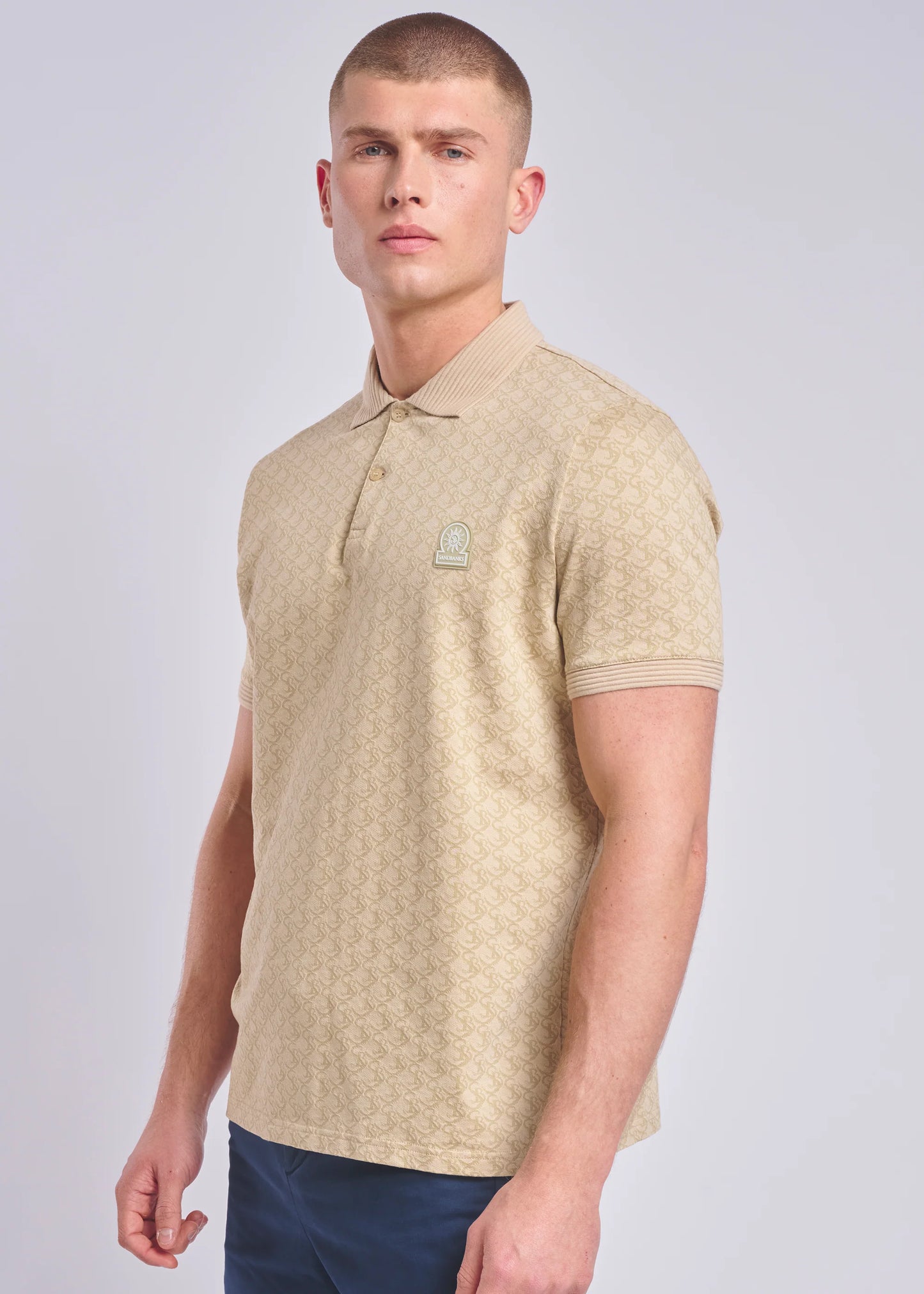SANDBANKS JACQUARD COTTON MONOGRAM PRINT POLO SHIRT IN SAND 3XL RRP £145 BNWT