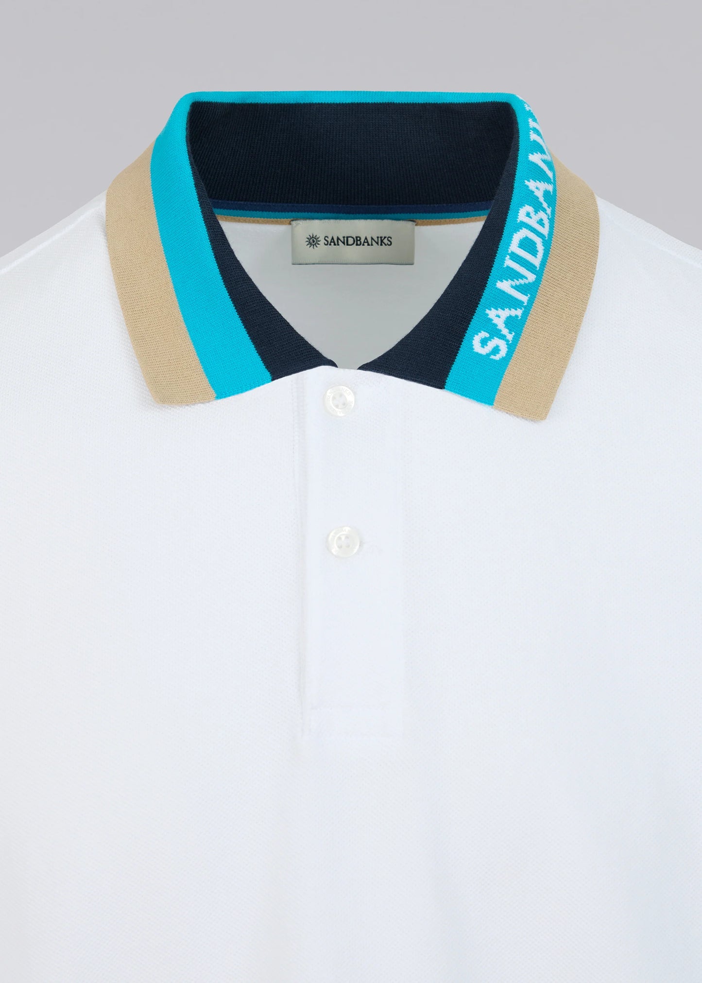 SANDBANKS TRI COLOUR COLLAR PIQUE COTTON POLO SHIRT WHITE RRP £130 BNWT