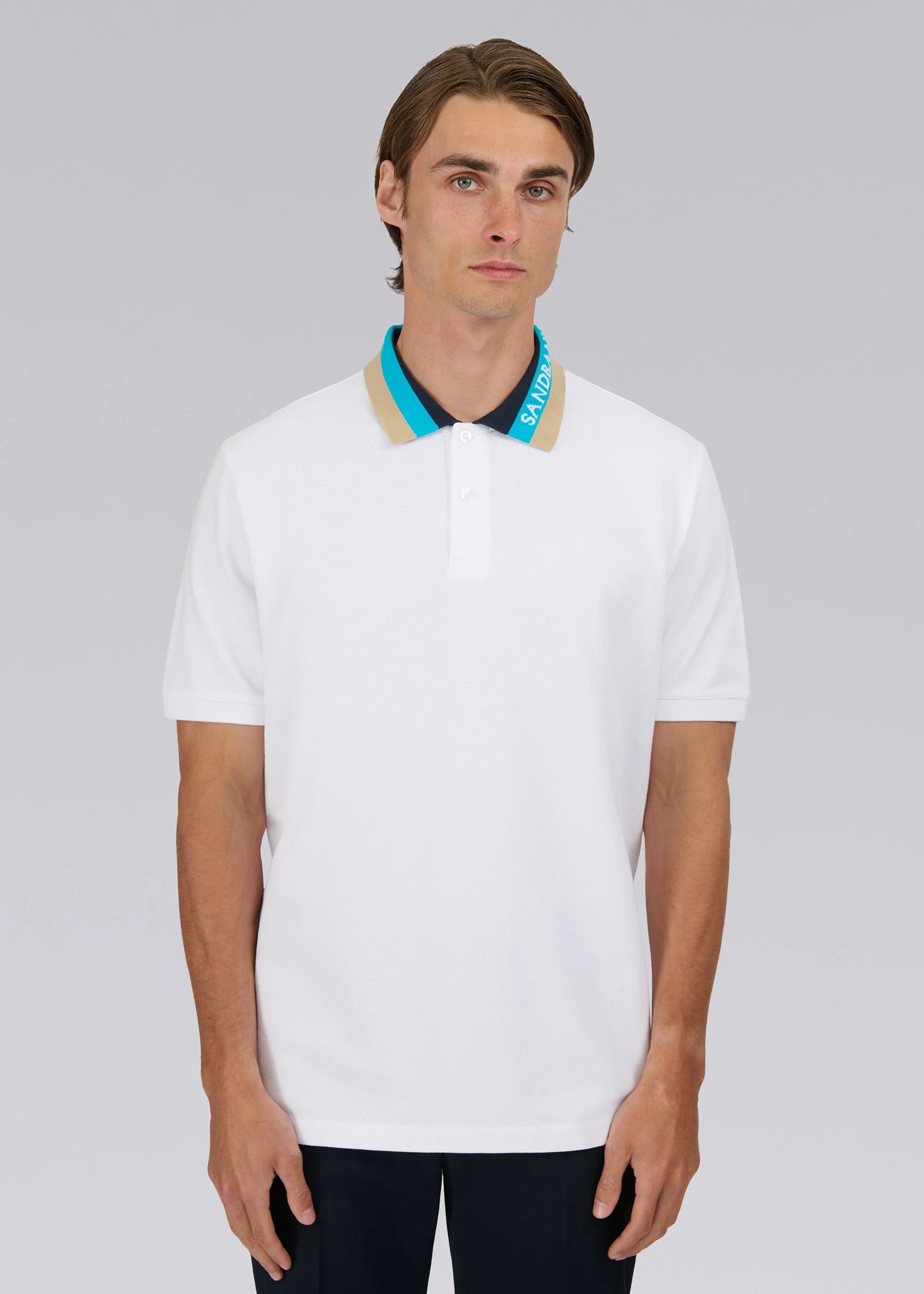 SANDBANKS TRI COLOUR COLLAR PIQUE COTTON POLO SHIRT WHITE RRP £130 BNWT