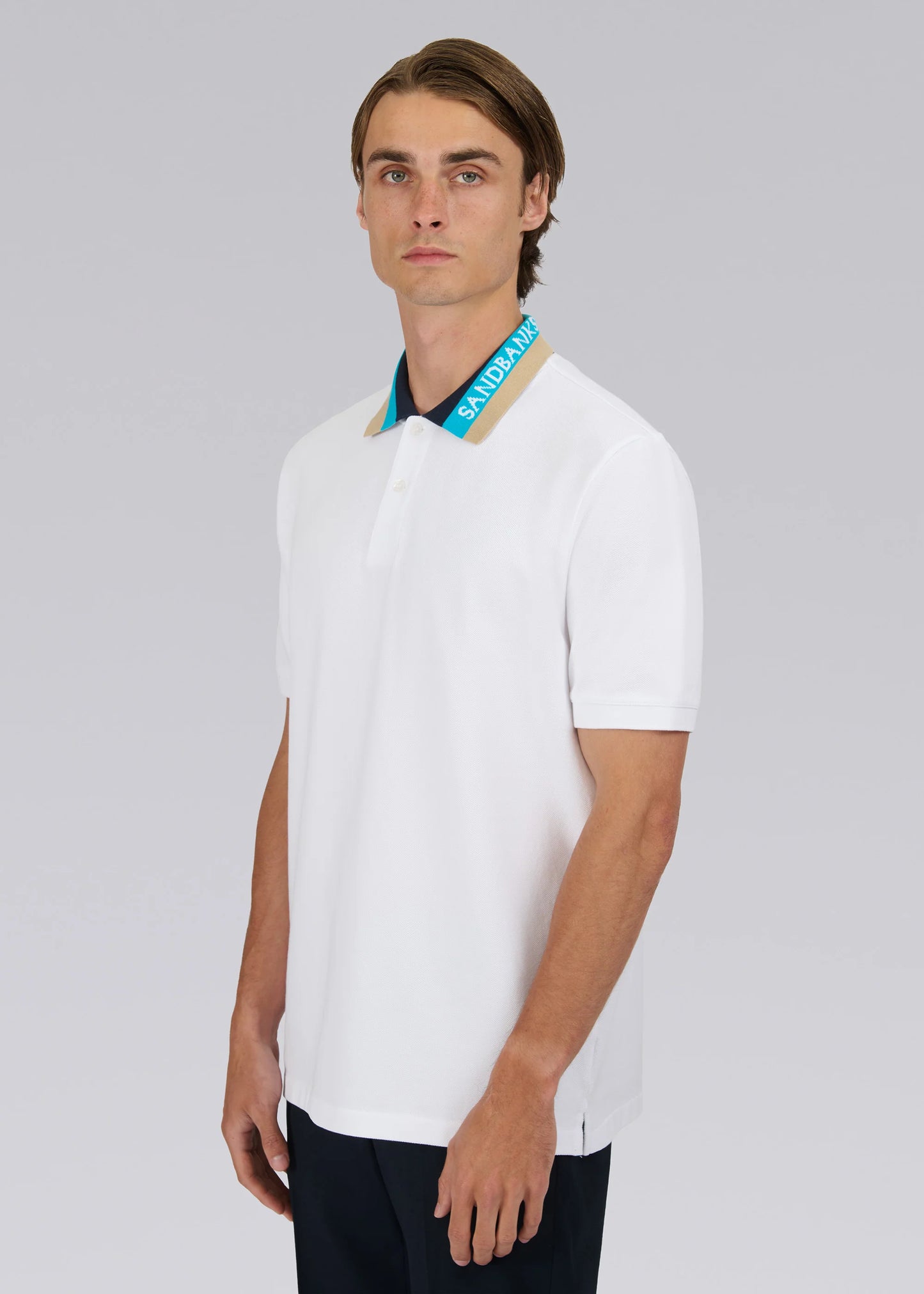 SANDBANKS TRI COLOUR COLLAR PIQUE COTTON POLO SHIRT WHITE RRP £130 BNWT