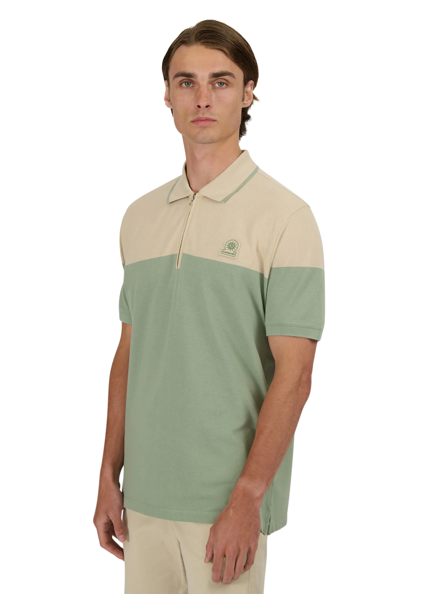 SANDBANKS BADGE LOGO 1/4 ZIP COLOURBLOCK POLO SHIRT SAGE GREEN 2XL RRP £125 NEW