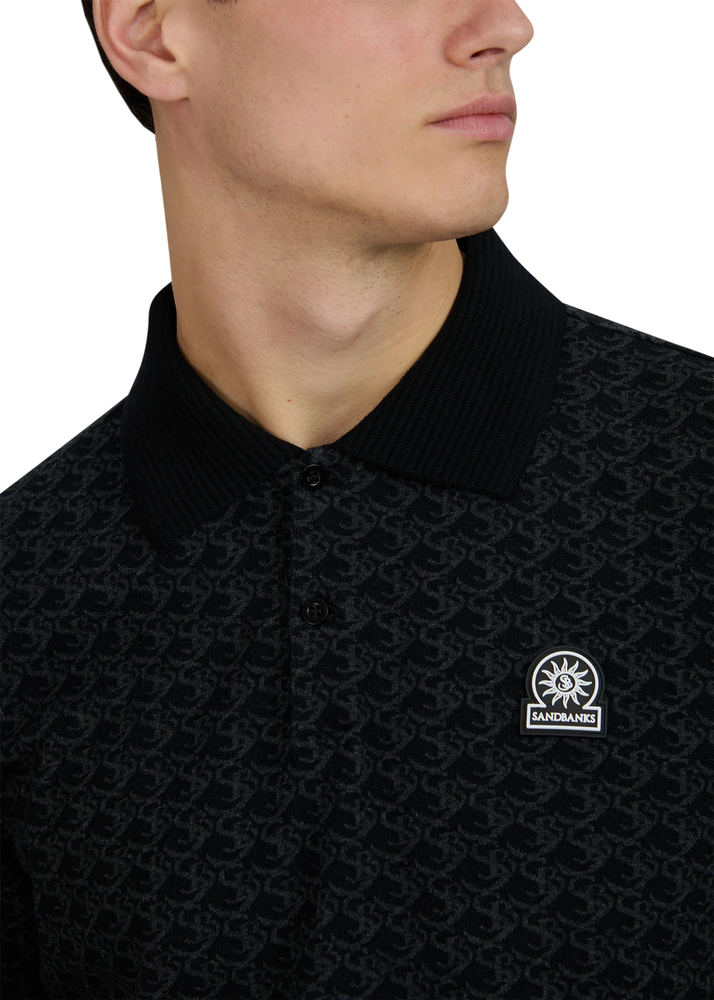 SANDBANKS JACQUARD MONOGRAM PRINT LONG SLEEVE POLO SHIRT BLACK 3XL RRP £150 BNWT