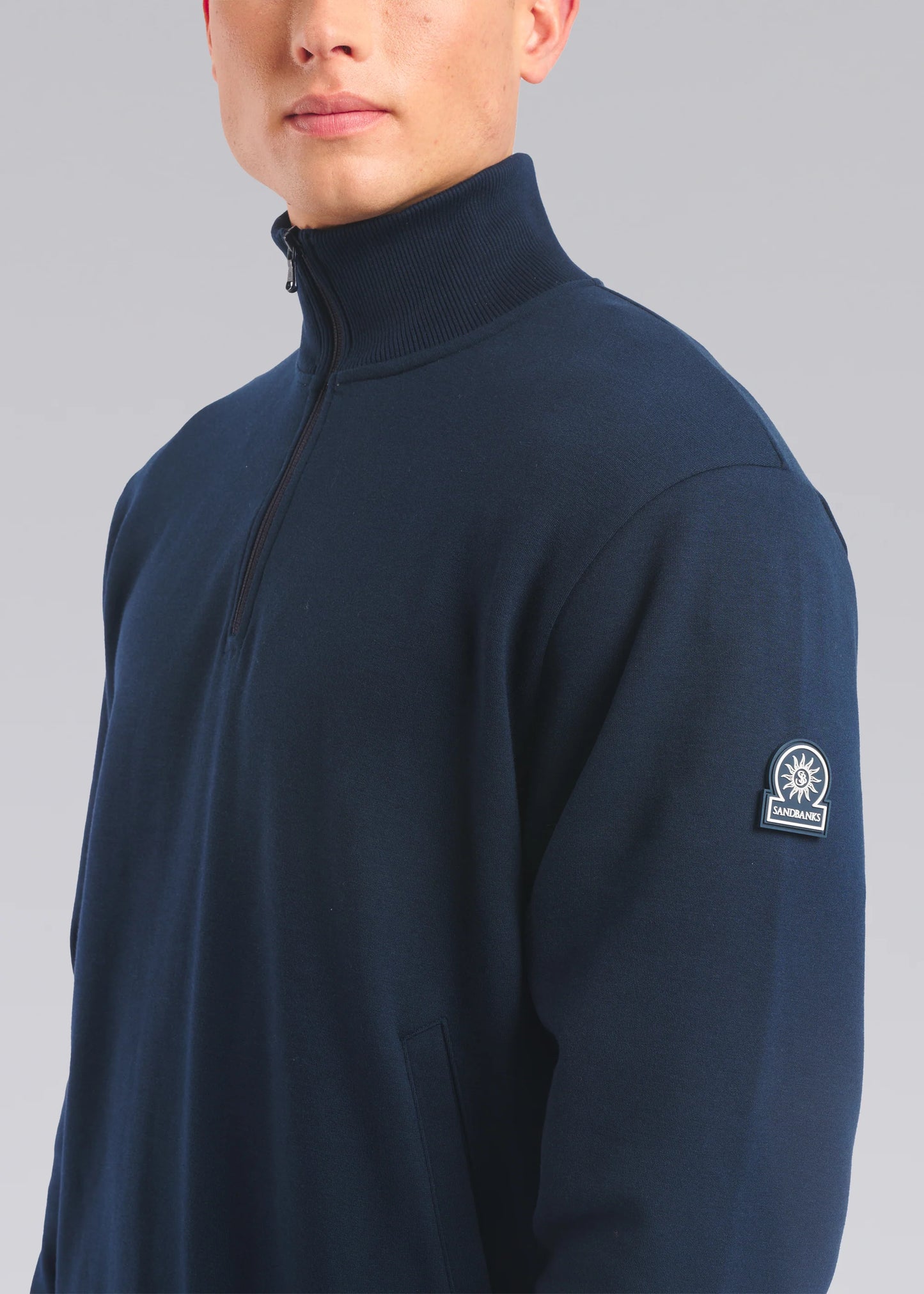 SANDBANKS BADGE LOGO INTERLOCK COTTON 1/4 ZIP SWEATSHIRT NAVY 2XL RRP £185 BNWT