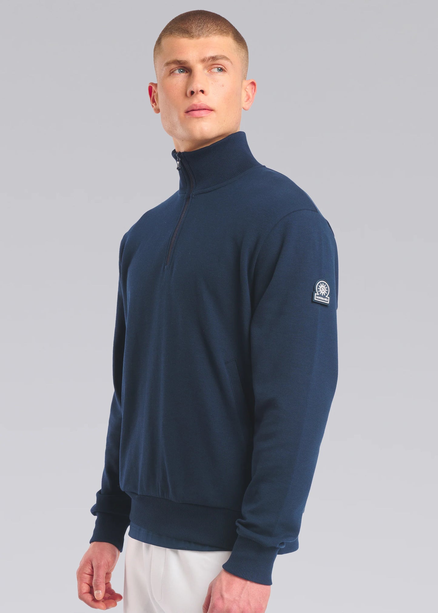 SANDBANKS BADGE LOGO INTERLOCK COTTON 1/4 ZIP SWEATSHIRT NAVY 2XL RRP £185 BNWT