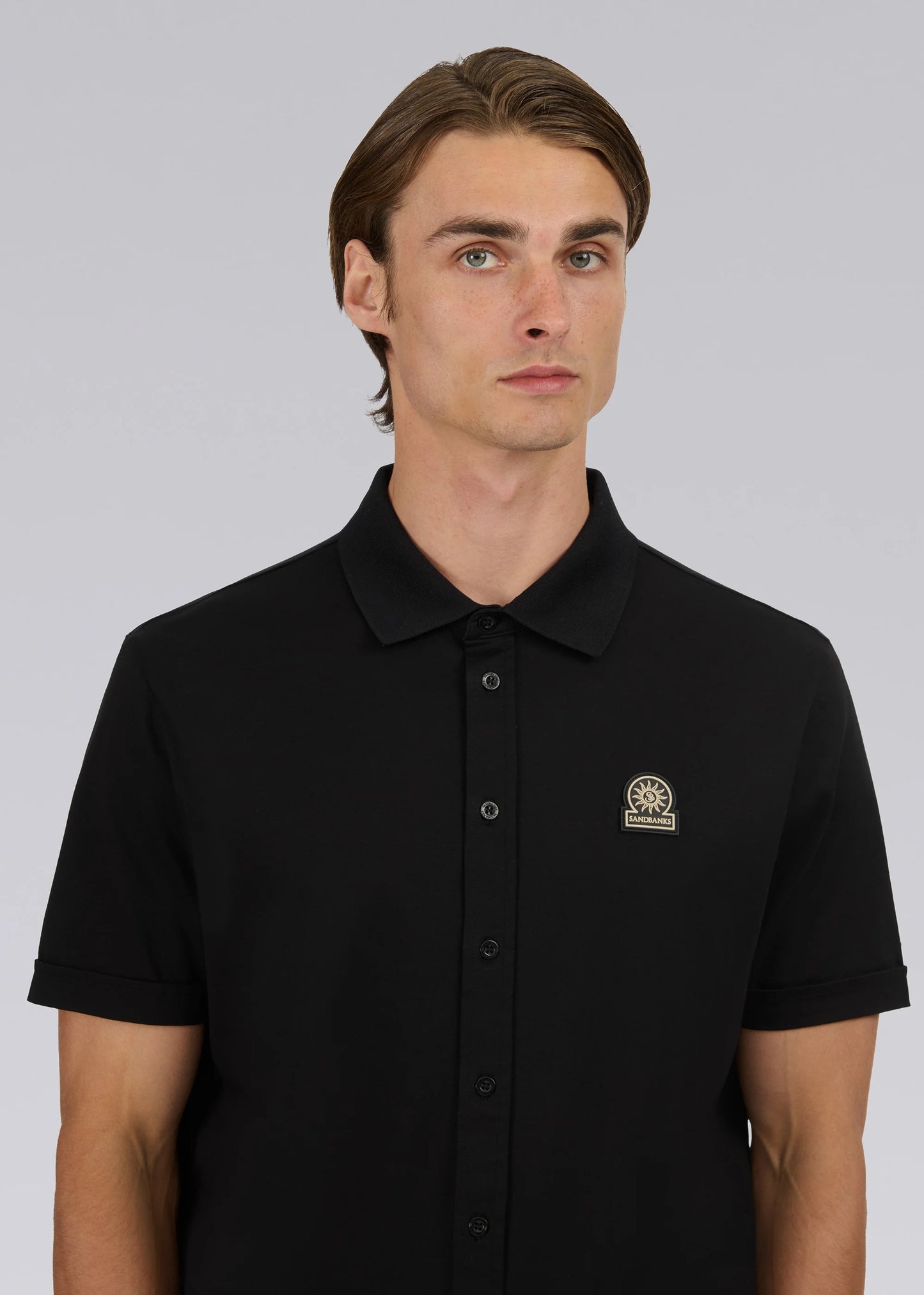 SANDBANKS BADGE LOGO INTERLOCK COTTON BUTTON UP POLO SHIRT BLACK XL RRP £155 BNWT (Copy)