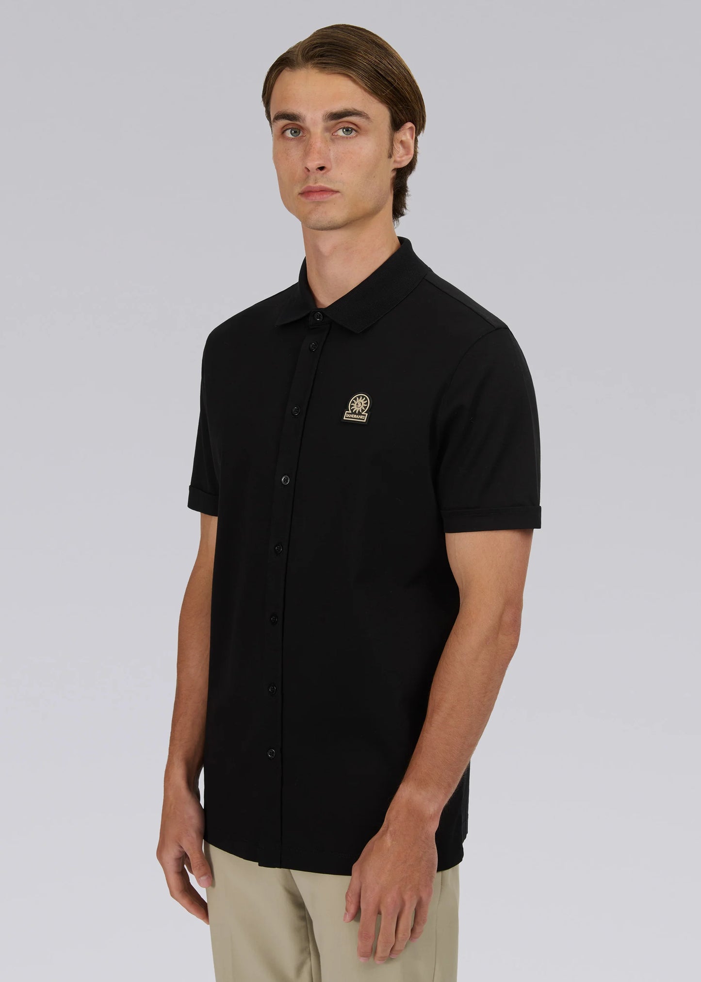 SANDBANKS BADGE LOGO INTERLOCK COTTON BUTTON UP POLO SHIRT BLACK XL RRP £155 BNWT (Copy)