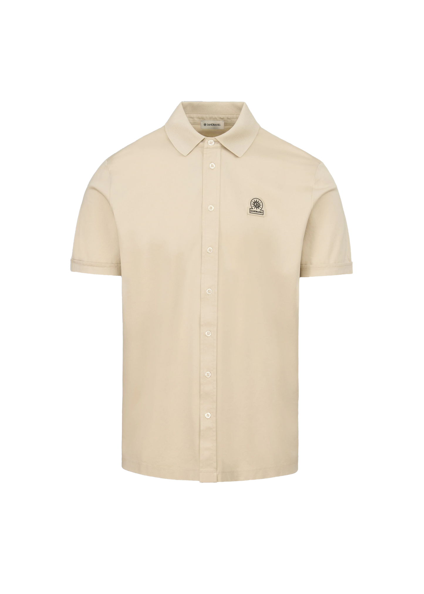 SANDBANKS BADGE LOGO INTERLOCK COTTON BUTTON UP POLO SHIRT STONE LARGE RRP £155 BNWT