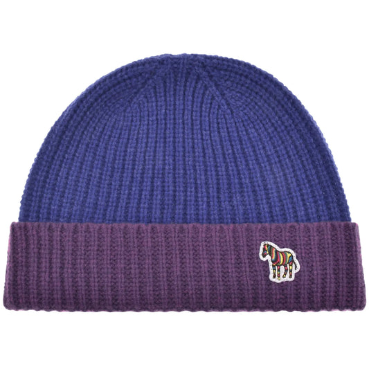 PAUL SMITH ZEBRA LOGO WOOL RIBBED BEANIE HAT BLUE & PURPLE RRP £70 BNWT