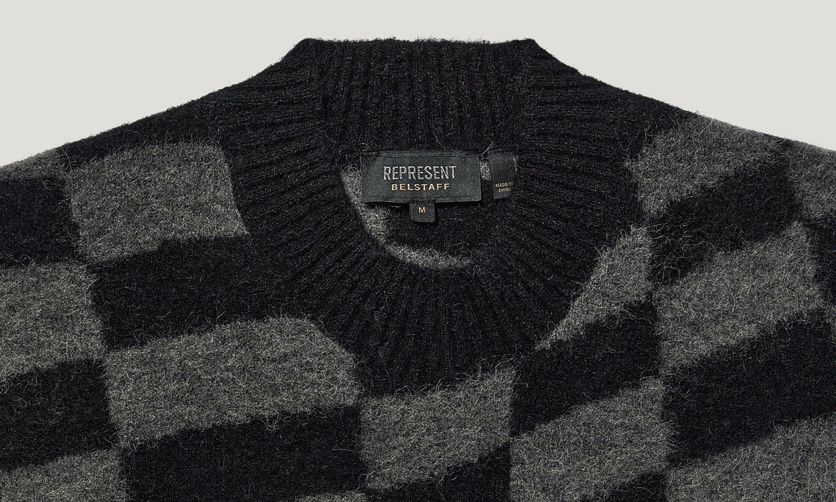 BELSTAFF x REPRESENT CHECKERBOARD CREW NECK JUMPER BLACK/GREY M/L RRP £195 BNWT