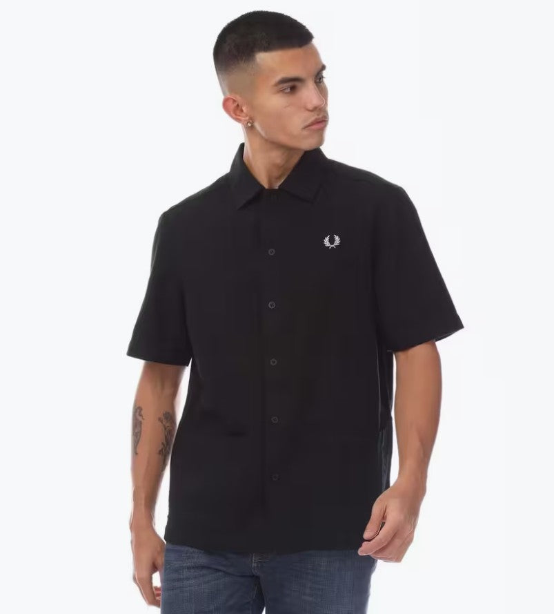 FRED PERRY LINEN PIQUE PANEL SHORT SLEEVE POCKET SHIRT BLACK 2XL RRP £95 BNWT