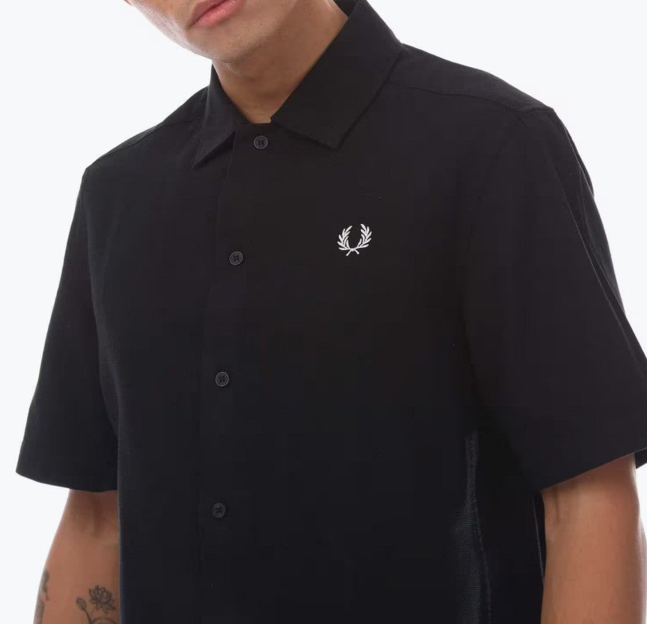 FRED PERRY LINEN PIQUE PANEL SHORT SLEEVE POCKET SHIRT BLACK 2XL RRP £95 BNWT